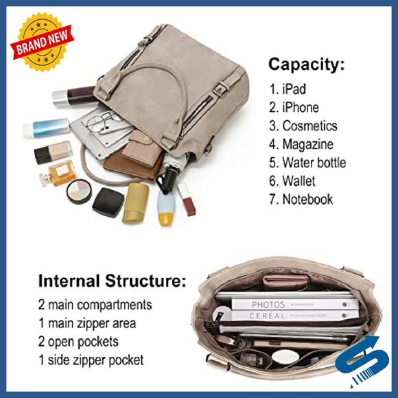 Large Vegan Leather Hobo Bag with Multiple Pockets, Adjustable Strap - Picture 5 of 8